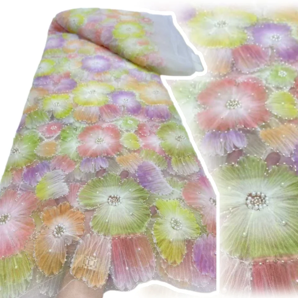 

5 Yards Luxury 3D Flower French Net Lace with Sequins Latest Nigreian Beads Tulle Lace Embroidery Fabric for Wedding Dress T1490
