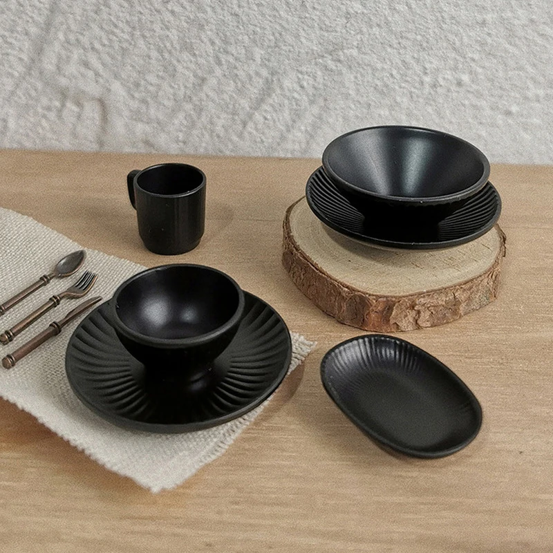 7 قطعة/المجموعة دمية صغيرة طبق الزخرفية زخرفة مخطط أدوات المائدة والأواني نموذج اكسسوارات أثاث المطبخ لعب الاطفال #5