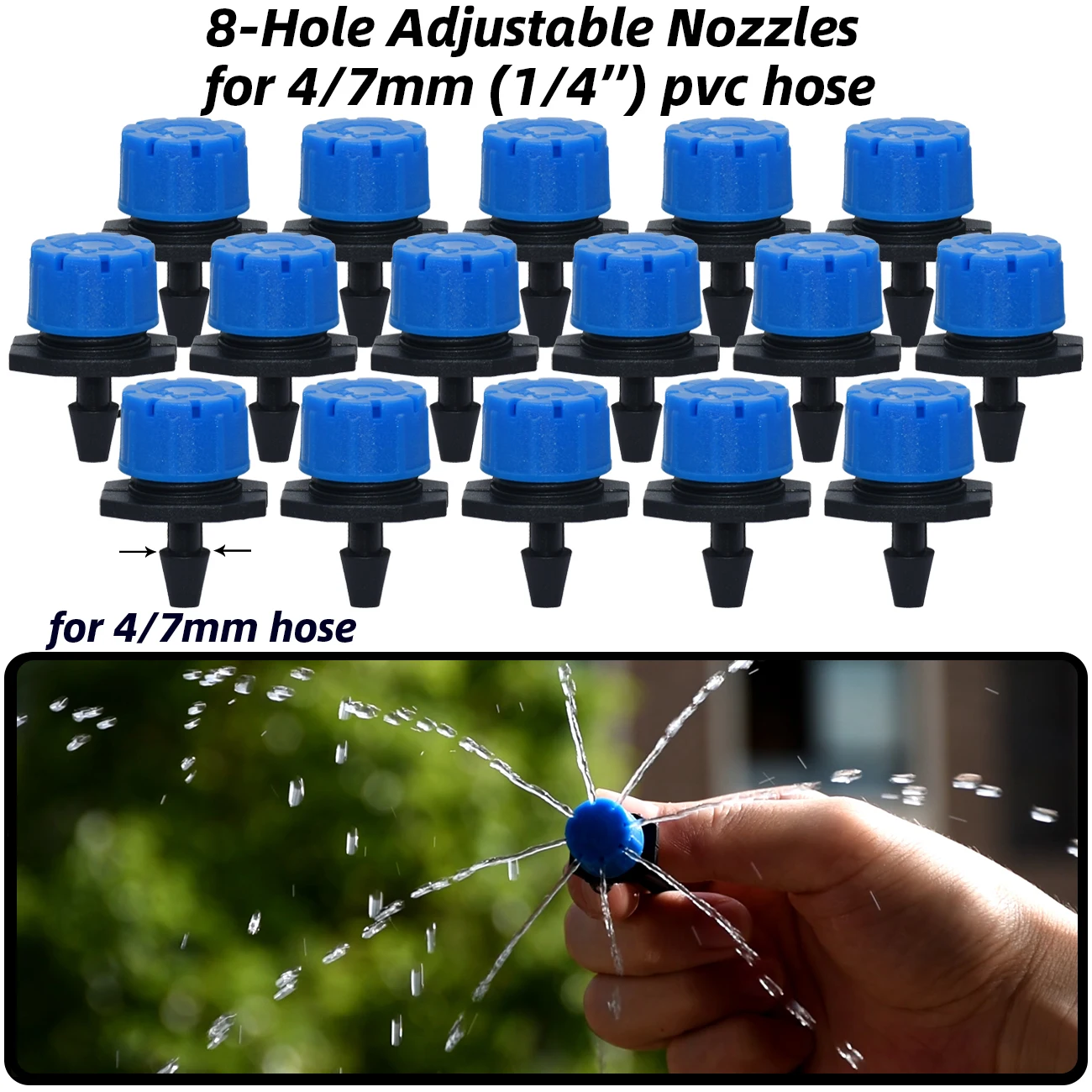 50-800PCS 1/4'' Adjustable Nozzles Drip Irrigation Watering Sprinkler Dripper Emitter for 4/7mm Hose Garden Flower Greenhouse