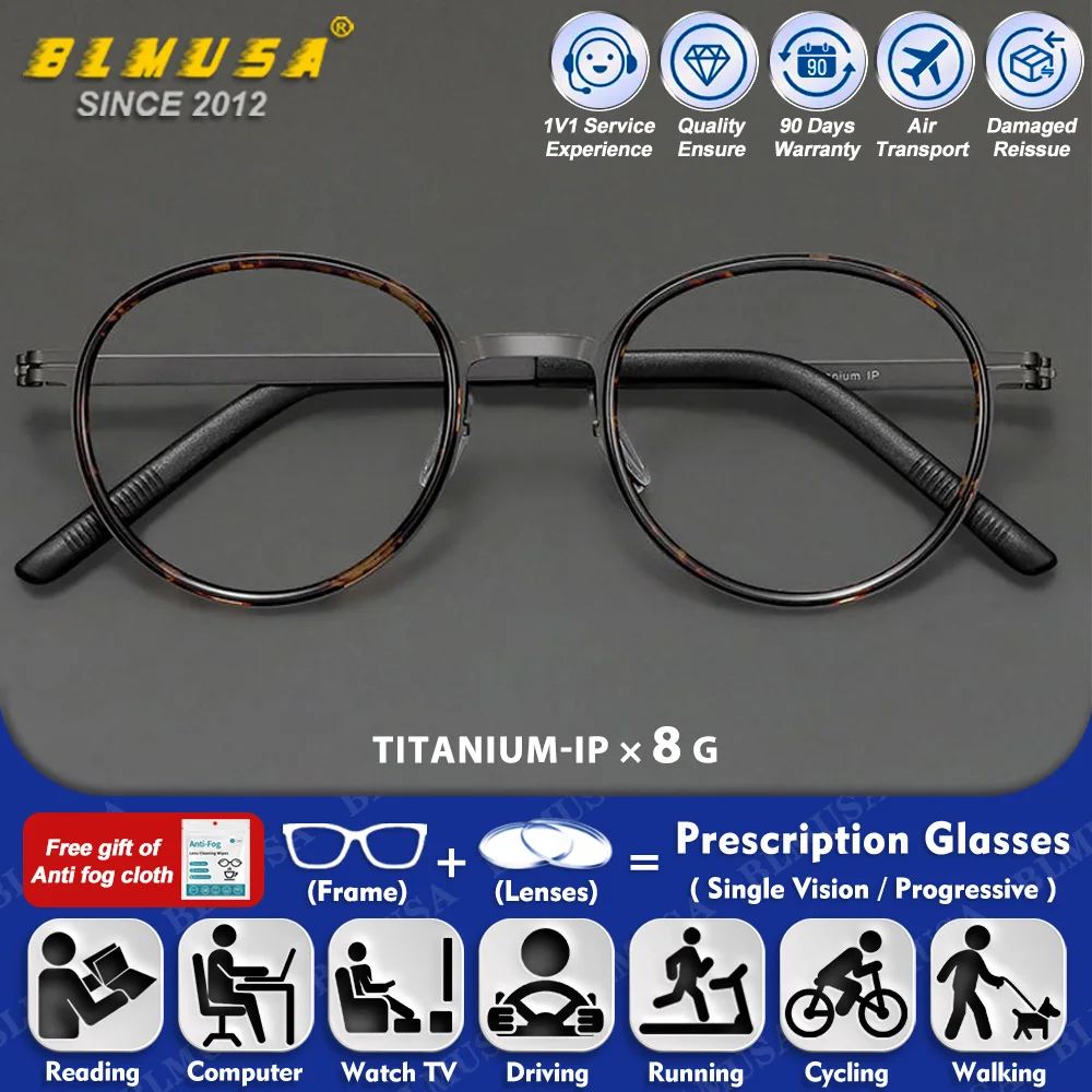 

BLMUSA (S) Vintage Round Titanium Myopia Photochromic Glasses High Quality Men Blue Light Filter Progressive Optical Eyeglasses