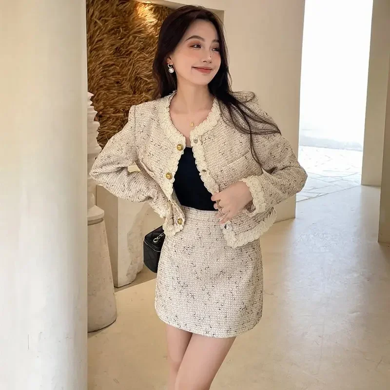 UNXX Small Fragrant Style Long Sleeves Wool Blazer Mini Skirt Set Retro Lace Round Neck Woolen Blazer Skirt Two-piece Set Womens