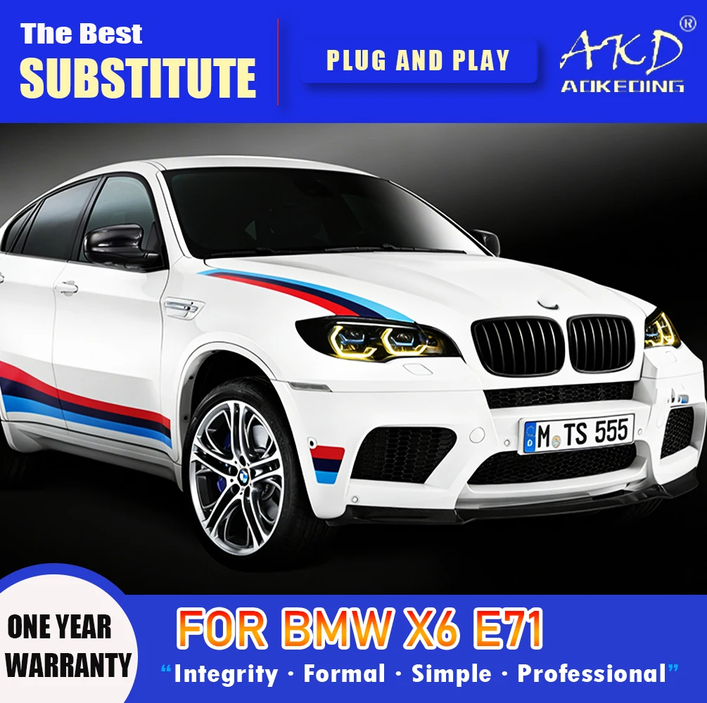 

Фара AKD для BMW X6 E71, светодиодная фара 2008-2014, фары X6 с ДХО, указателями поворота, дальним светом, линзой-проектором Angel Eye
