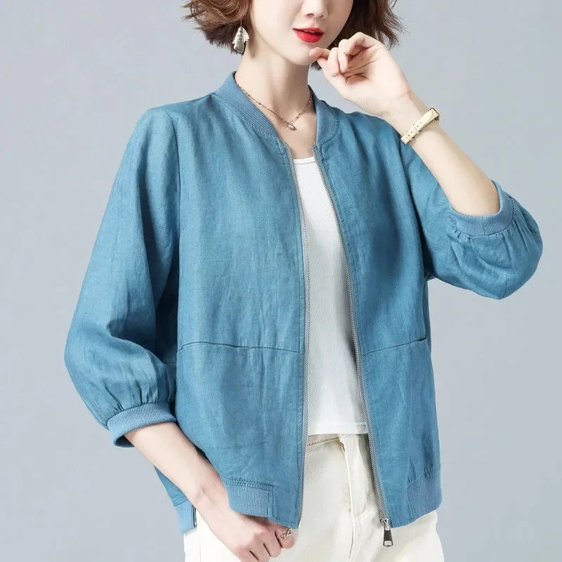 Cotton Linen Sunscreen Clothing Ventilate Summer Autumn Thin Women\'s Coat 2023 New Casual Short Jacket Female Outerwear Tops