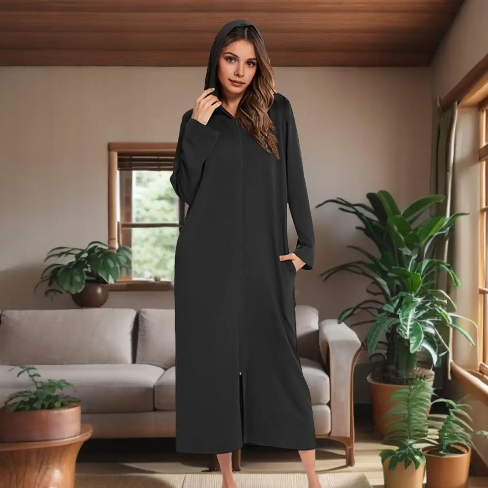 2026 Women Zip-up Nightgown Long Sleeve Loose Pure Color with Pockets Mid-calf Length Hooded Loungewear Daily Wear Home Bedroom