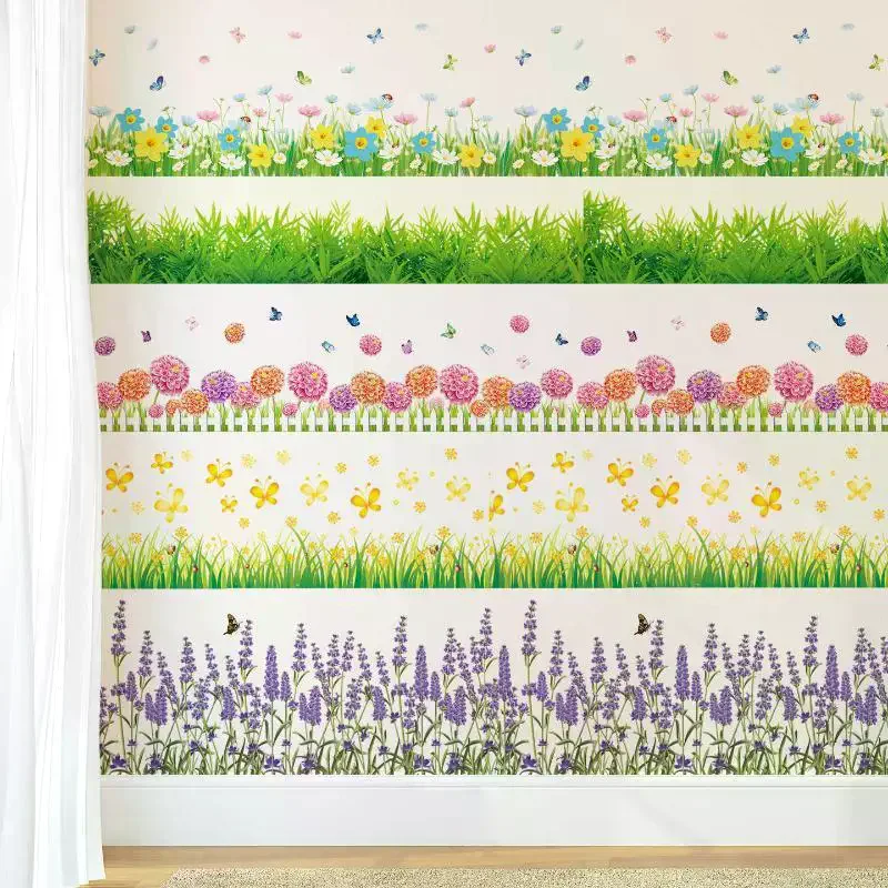 Pastoral Flowers Grass Fence With Butterfly Wall Stickers Pvc Decals Mural Art For Office Shop Bedroom Baseboard Home Decoration