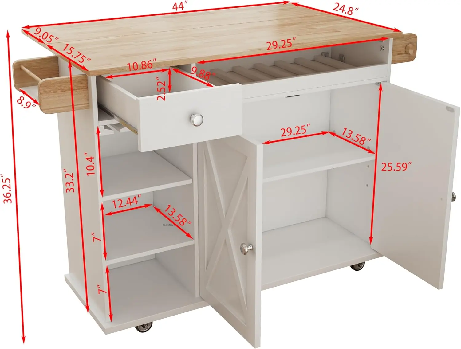 Carrinho de ilha de cozinha de 44 polegadas com tampo de madeira maciça, armazenamento de vinho, rack de especiarias, suporte de vidro de vinho, mesa de ilha de cozinha rolante