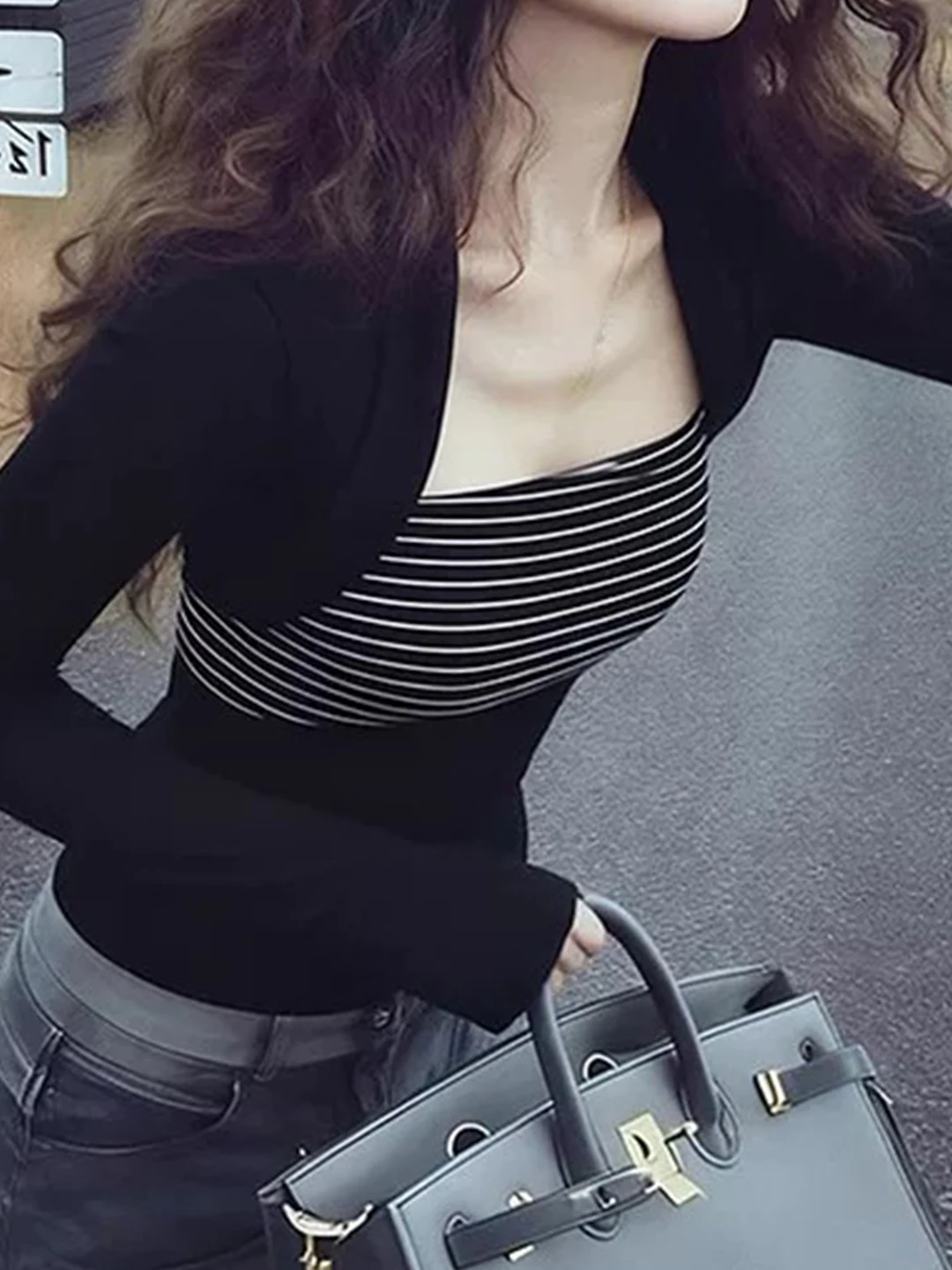 Slim Fit Short Sleeve Women's T-shirt Black Stripe Unique Beautiful Base Layer Shirt Commute Style Korean Version Cotton Poly...