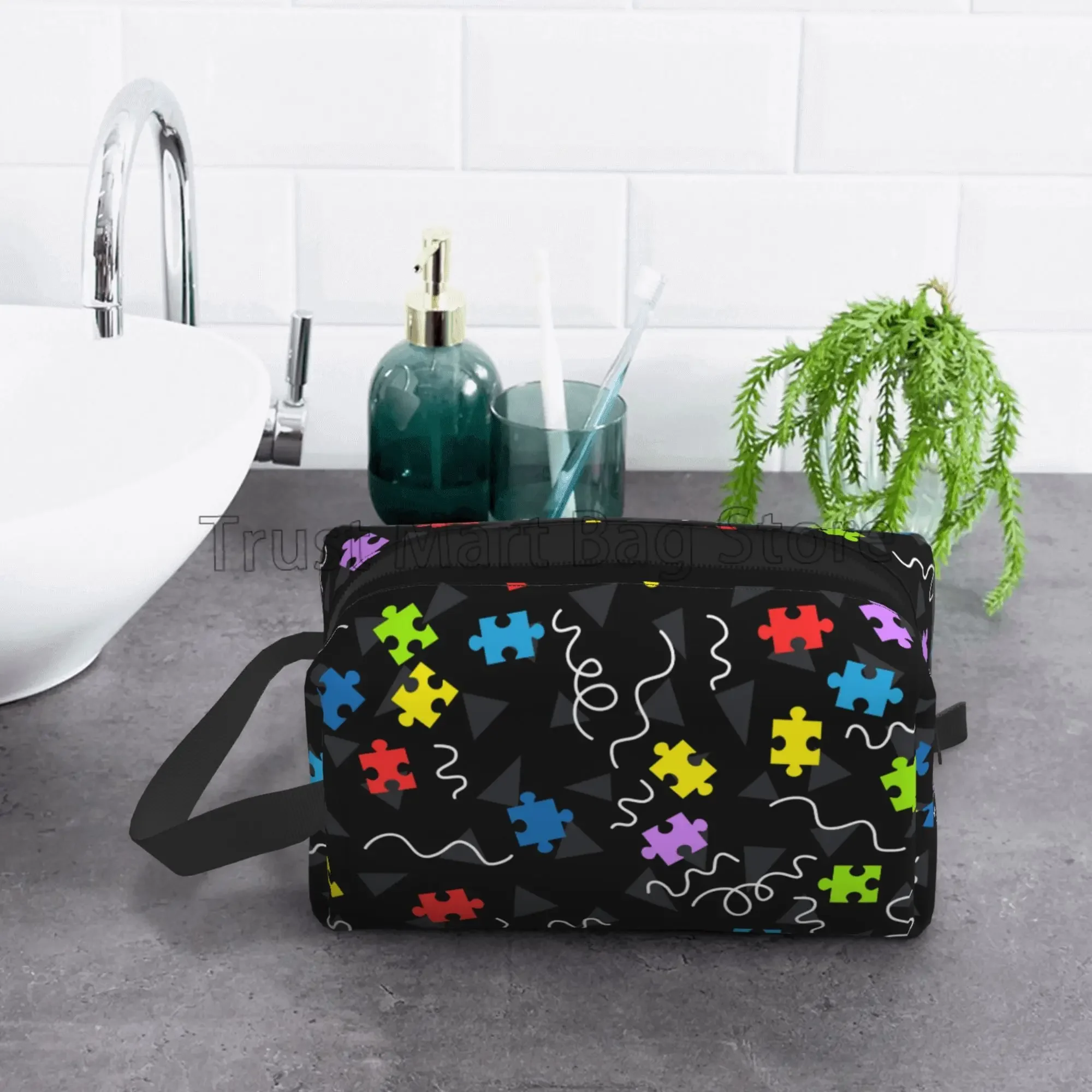 Autism Awareness Puzzle Piece Pattern Toiletry Bag Portable Large Capacity Travel Cosmetic Bag Make Up Organizer Pouch