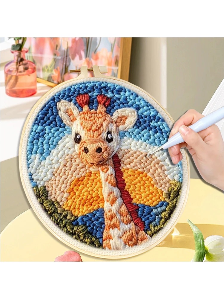 DIY Punch Needle Kits für Anfänger, süßes Tier mit Reifen, Stickerei, Punch Needle Starter, Bastelset, Giraffe, Festival, Geschenk