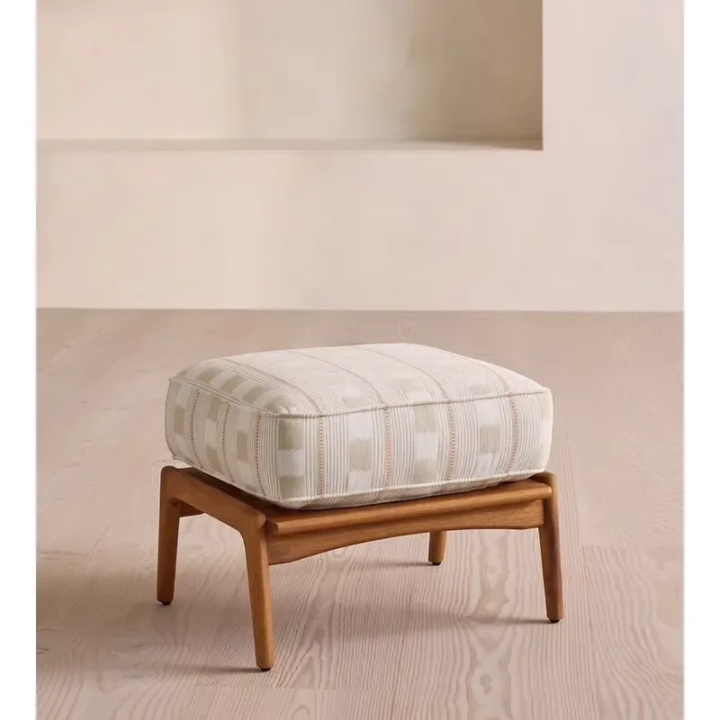 Teak Wood Slatted Frame Mid Century Modern Removable Foam Filled Soft Woven Fabric Upholstered Outdoor Footstool Ottoman