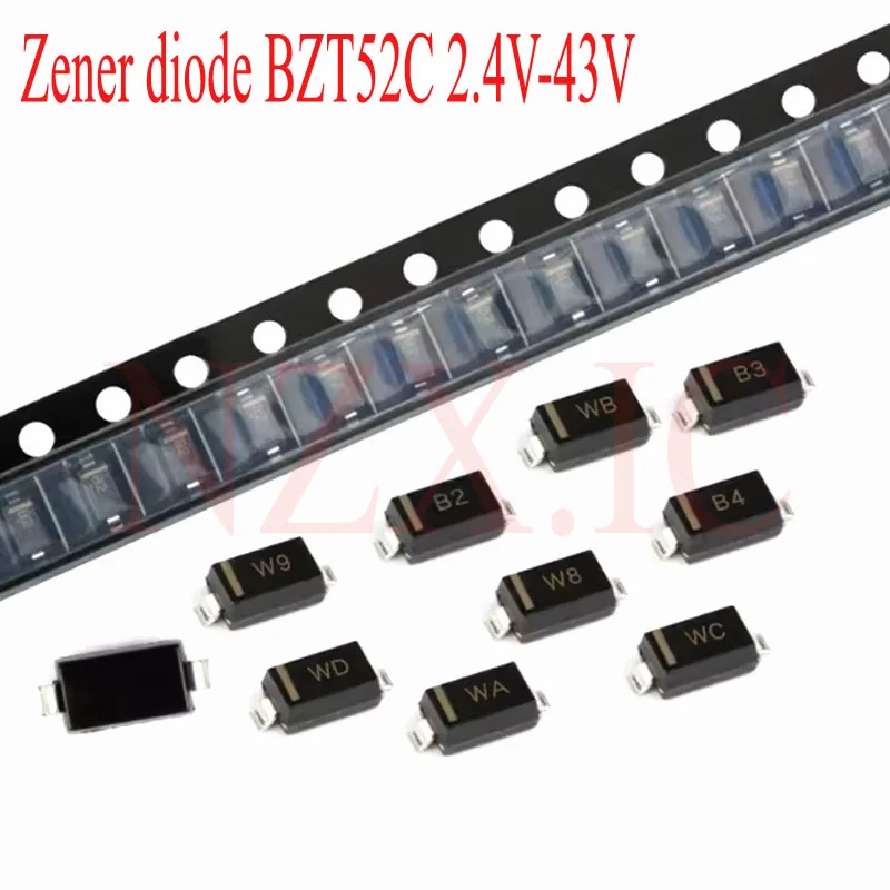 100PCS SOD123 Zener diode BZT52C 2.4V-43V 2.7V 3V 3.3V 4.7V 5.1V 6.8V 10V 15V 20V 22V 27V 30V 33V 39V SMD SOD-123 1206 Diodes