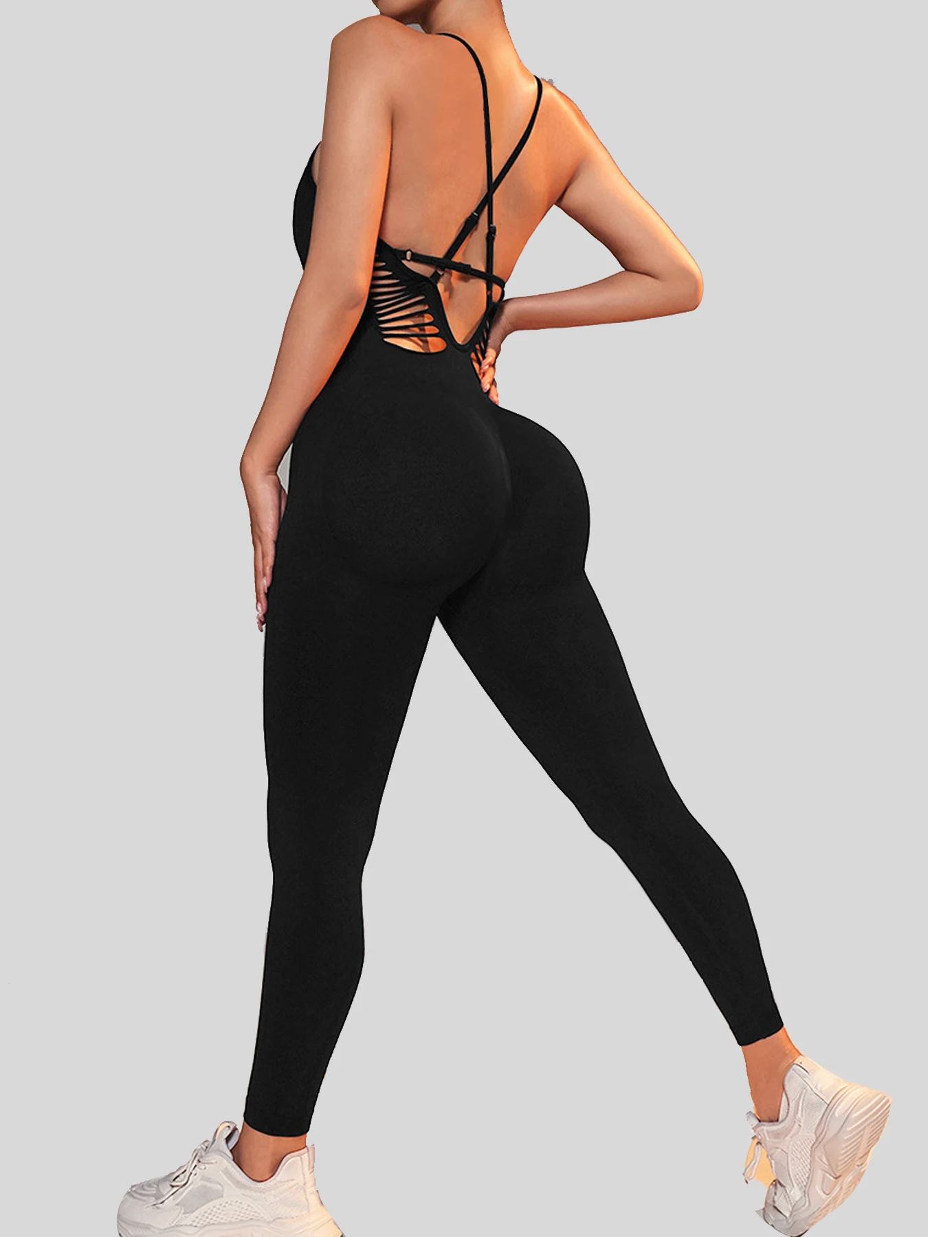 Women's Criss Cross Open Back Yoga Gym Jumpsuits Quick Drying Seamless Rompers Ribbed Sleeveless One-piece Shaperwear Bodysuits