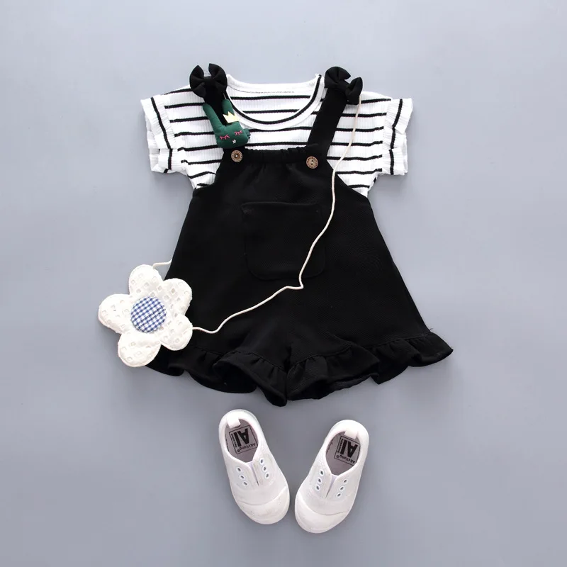 Children's Suit Girls Round Neck striped short sleeve T-shirt Rabbit hanging solid color suspenders summer sweet two-piece set