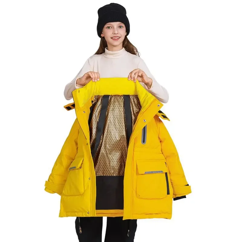 

6-14 Years Children Girls Boys Yellow Sports Down Hooded Jacket Thicken Warm Coat Kids Sportwear for Hking Climbing
