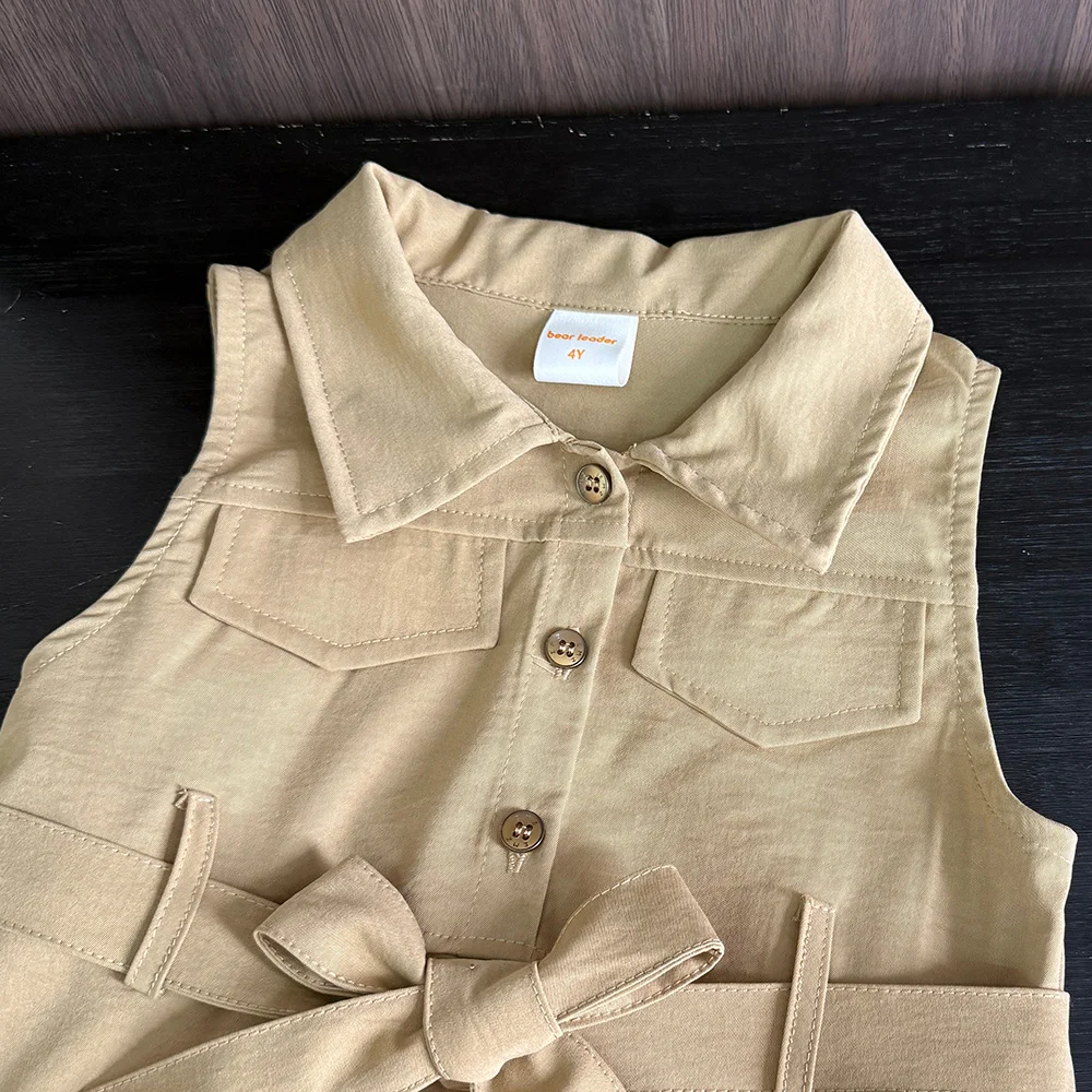 Bear Leader Mode Mädchen Windschutz Kleider Sommer ärmellose Arbeitsoutfits mit Bund einfarbige Kinderkleidung – Detail 5