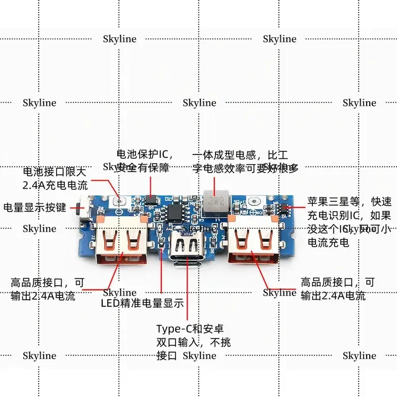 Type C Charging Port Dual USB Power Bank Circuit Board Boost Module 2.4A Mobile Power Supply DIY Main Board 5V