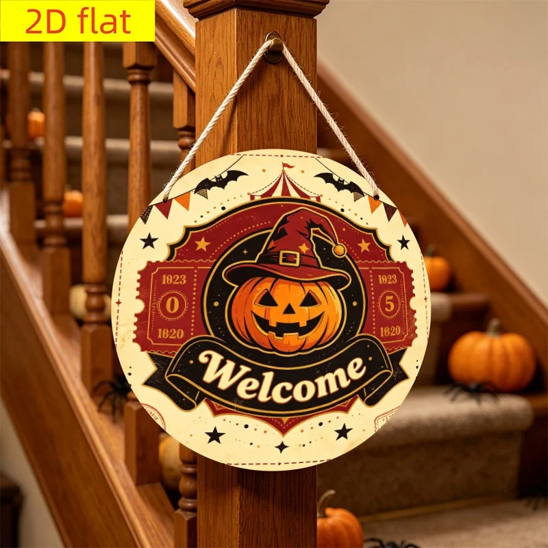 2D Flat, 2D Flat Wooden Round Hanging Sign, 1pc Per Pack. Suitable for Front Door Wall Hanging, Ideal for Halloween, Christmas,