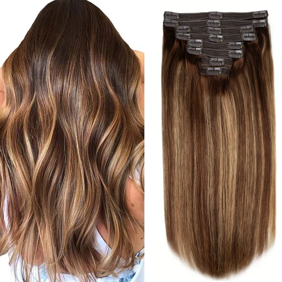 Extensions de Cheveux Brésiliens 100% Naturels Lisses à Clips pour Femme, P4/27