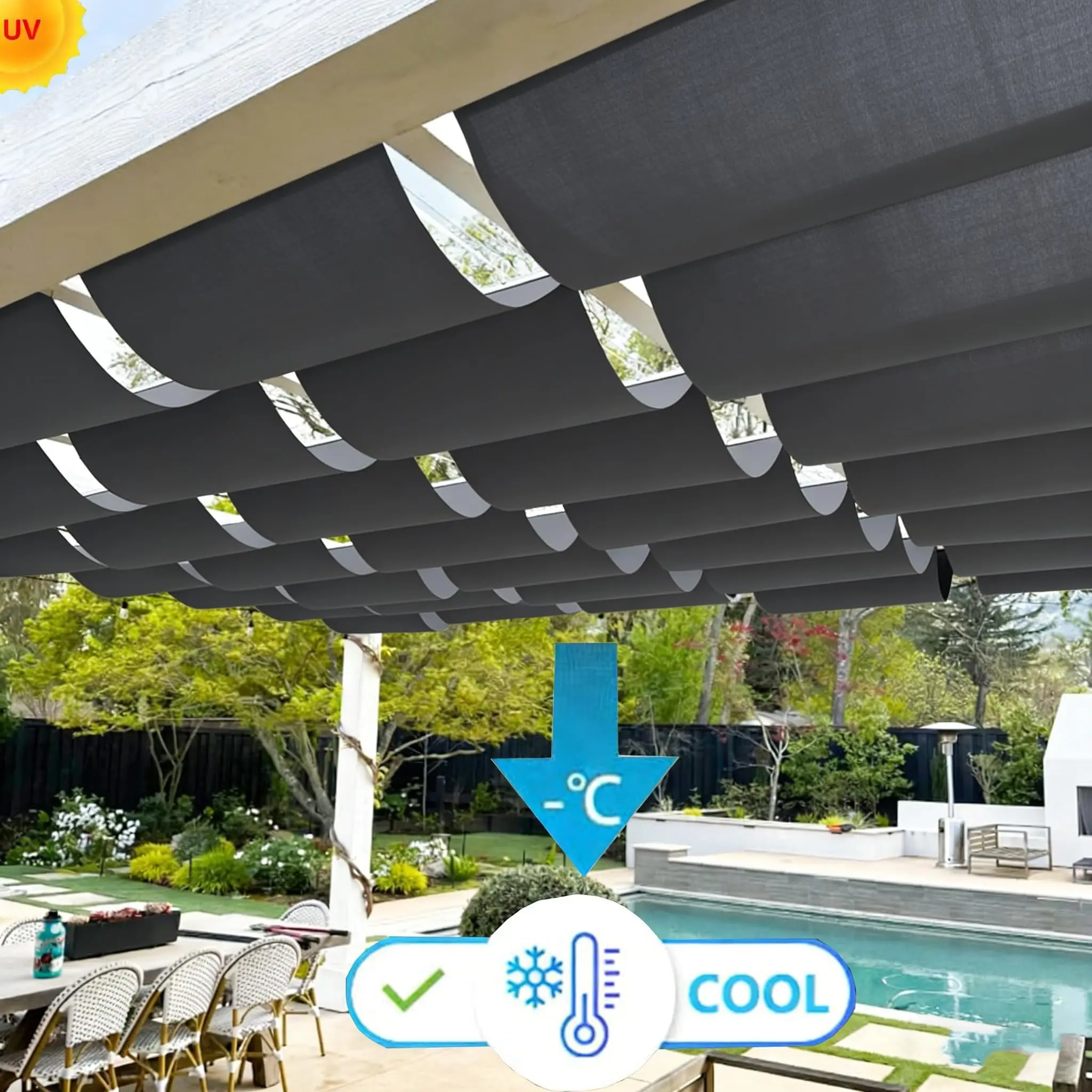 Retractable Waterproof Wave Sun Shade Pergola Cover Shade Sail Awning 6x9 FT for Outdoor Patio Porch Garden Deck