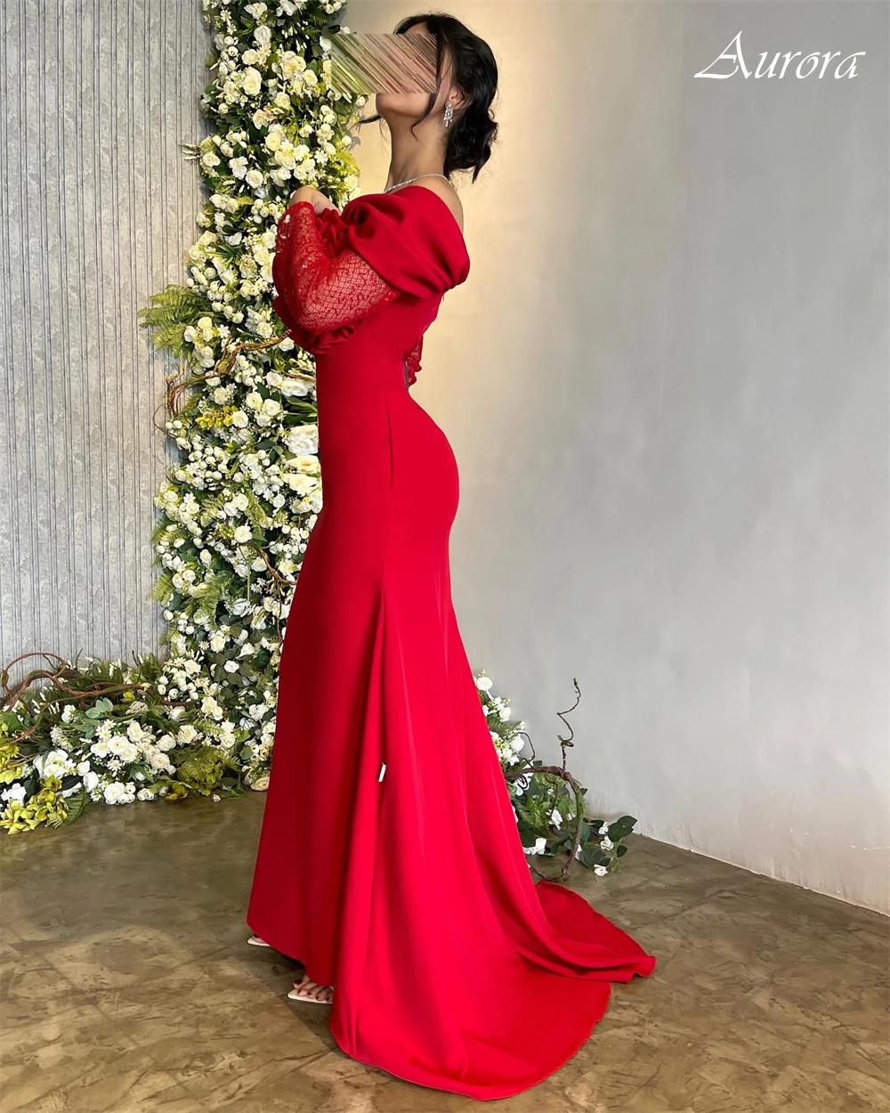 Personalizado exquisito rojo flores hechas a mano vestido para ocasiones especiales vestido de fiesta de manga larga fuera del hombro vestido de noche con cuello barco