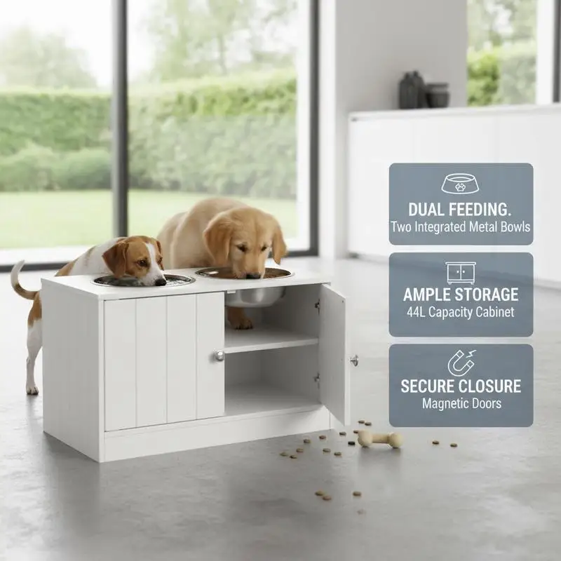 

Raised Pet Feeder, with Two Bowls, Storage - White