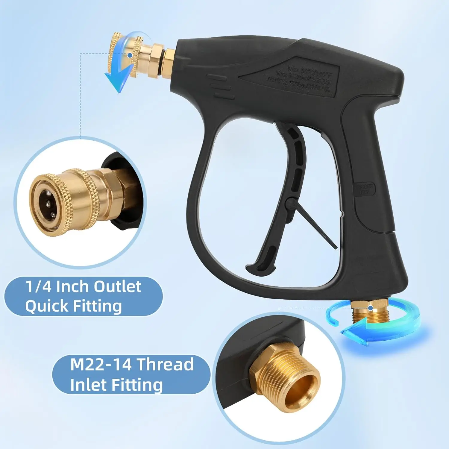 Pistola de lavadora de pressão curta com canhão de espuma e 5 bicos, 1L, 4000 PSI, compatível com M22-14mm