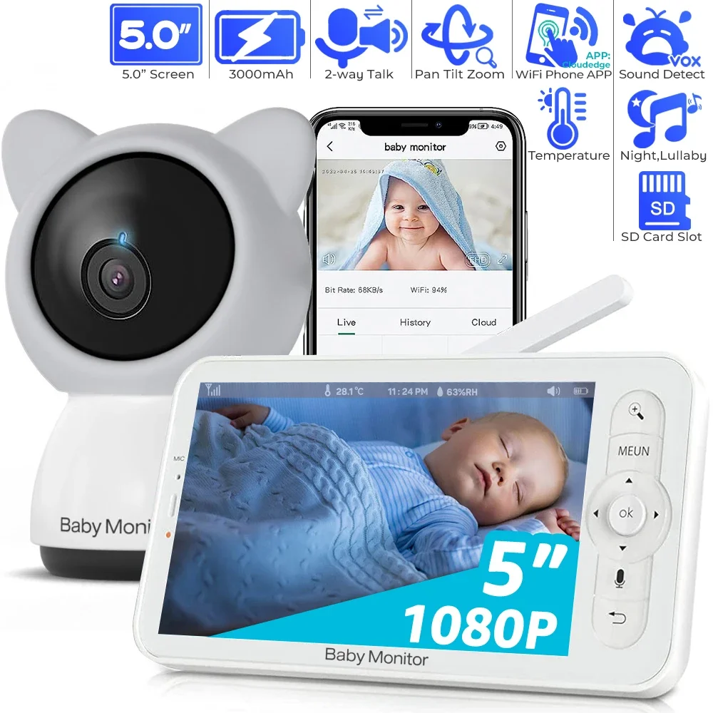 5 Inch WiFi Baby Monitor 1080P Pan Tilt Zoom Baby Camera Via Screen and App Control 2K HD Night Vision 2-Way Talk Baby Phone