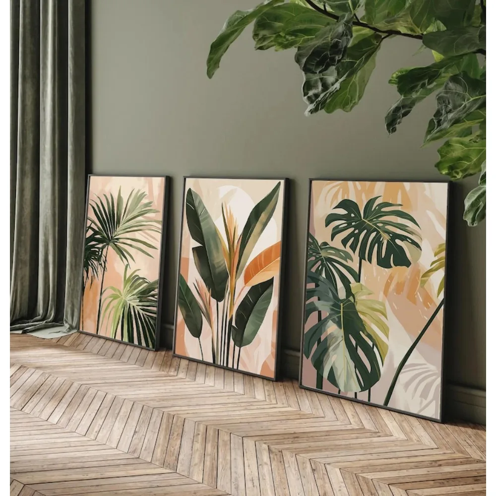 Pintura de acuarela sin marco con estampado de hojas de plantas, colección de plantas para decoración de pared, descarga digital, decoración de verano para sala de estar y dormitorio