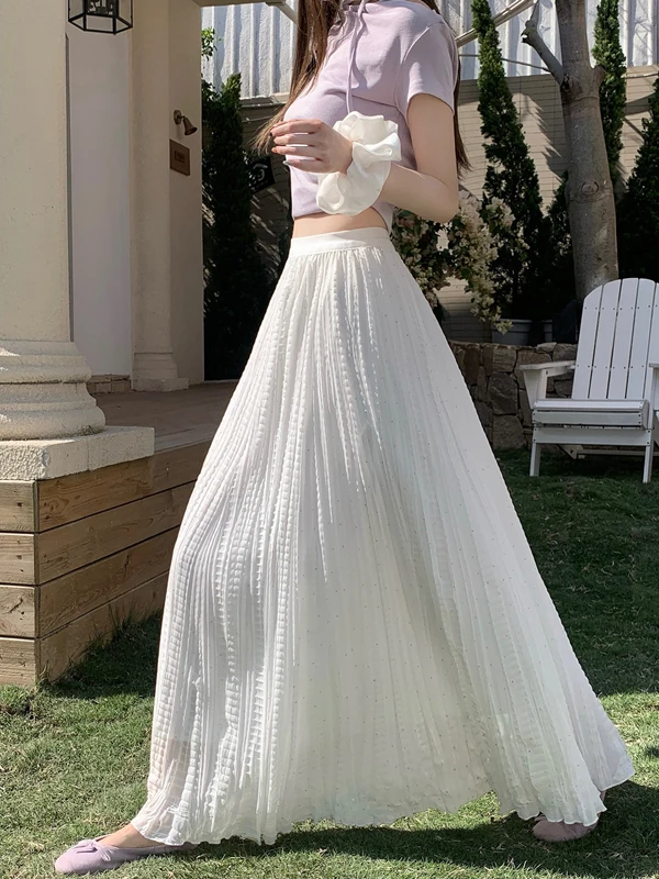 

Elegant White Rhinestone Chiffon Half Skirt Women's Spring Summer Elastic High Waist Draped Slim A-Line Gored Tulle Skirt