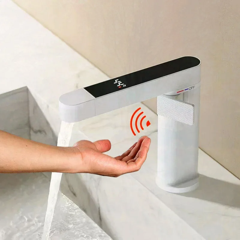 

LED Digital Motion Sensor Infared Copper Crane 360 SwivelnTouchless Basin Faucet Bathroom Hot Cold Mixer Pull Out Tap