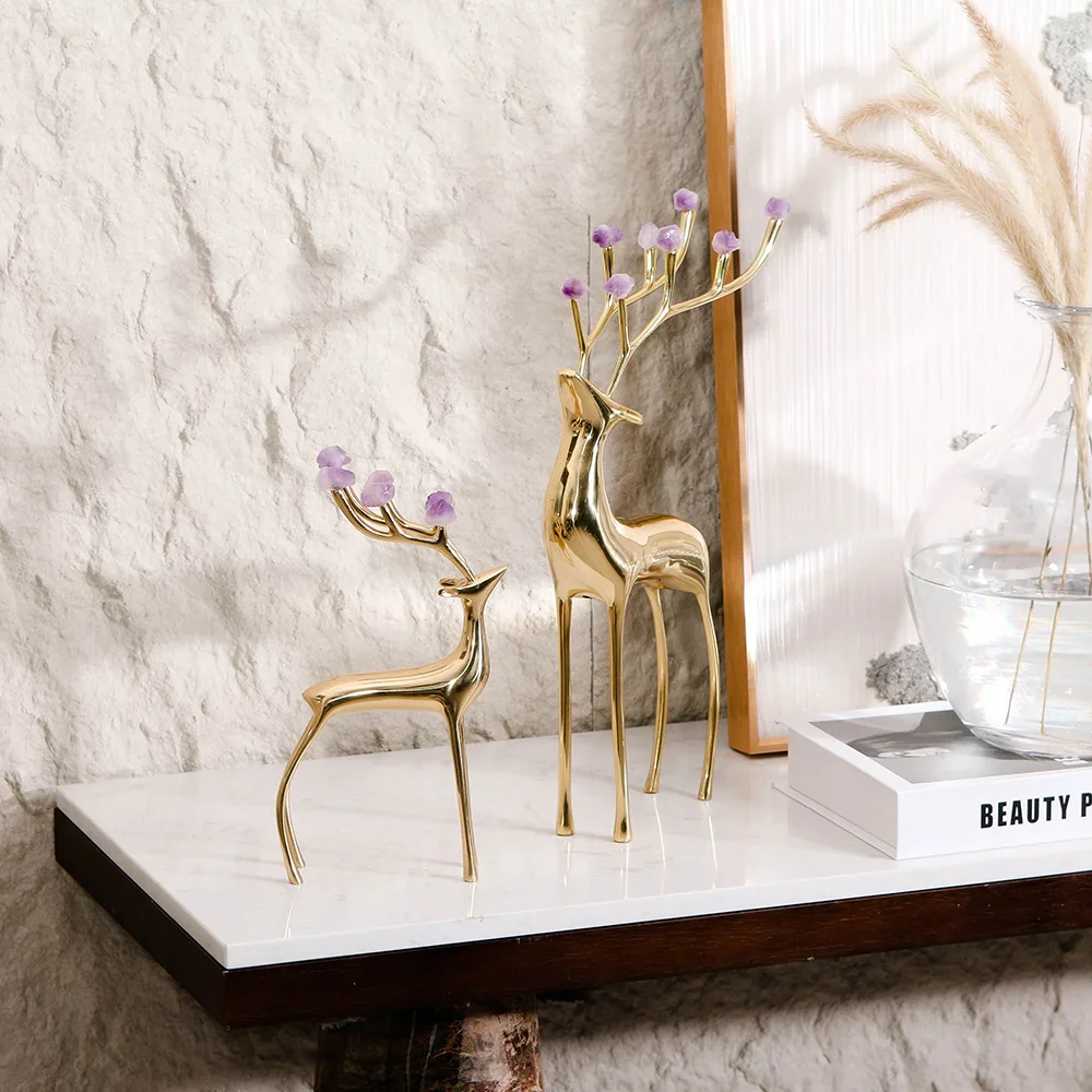

'for Modern Luxury Art Aesthetic Home Decor Amethyst Golden Cast Iron Deer Decoration Figurines Metal Crafts For Room Decor