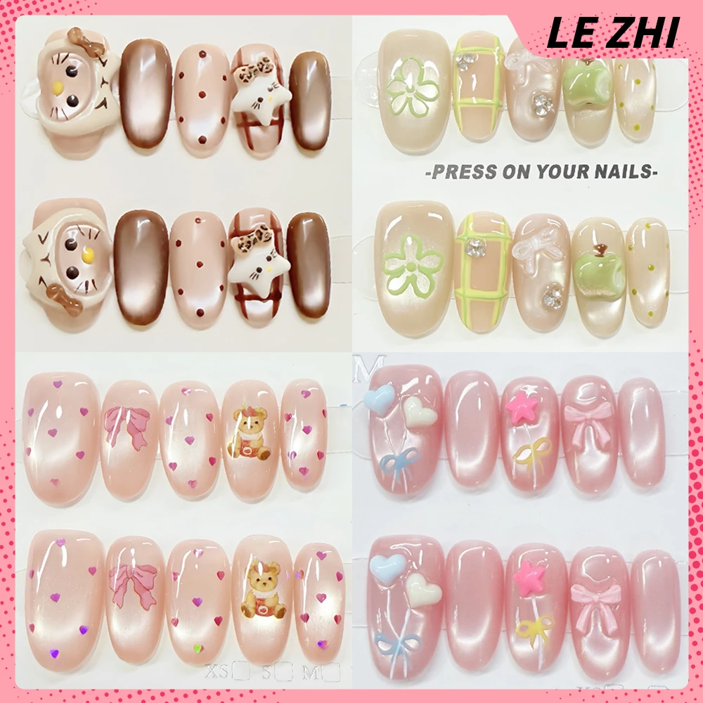 

Sweet Lovely Hello Kitty Cat Eyes Handmade Ellipse Reusable Press On Nails Hand-Painted Flower Bow Love Diamond Full Cover Nail