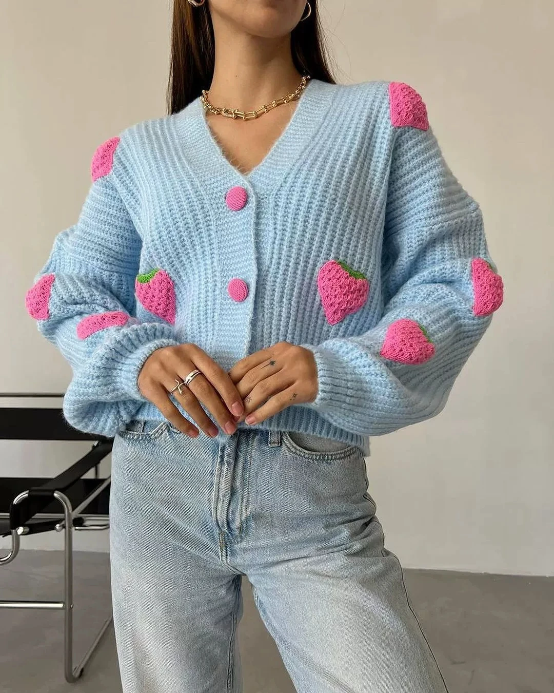 

Faionable 3D Stberry Embroidery Knitted Sweater Long Sve Regular Length Polyester Fiber Commute Sle Single Piece