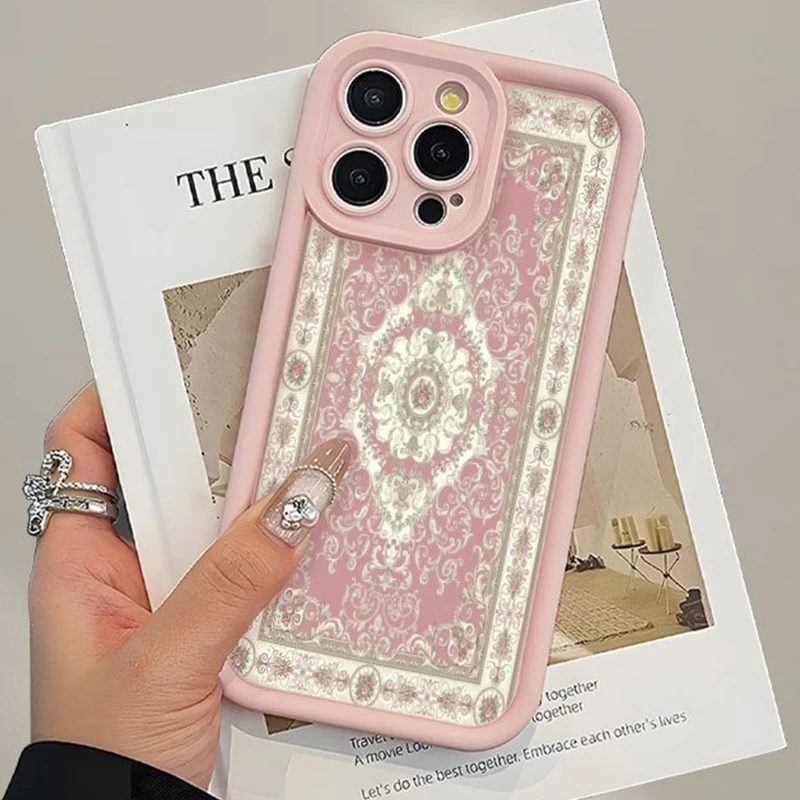 

Phone Case For iPhone 11 12 13 14 15 16 17 Pro Max XS XR X 7 8 Plus 17E 16E SE 2020 Vintage European Carpet Design in Pink Cover