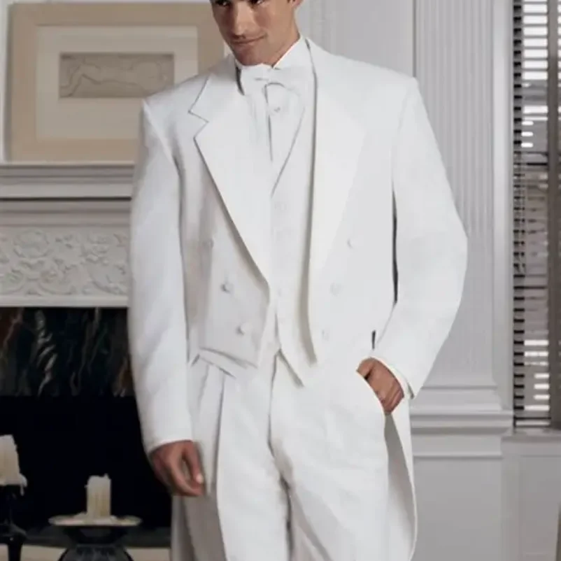 3 Pieces White Men\'s Tailcoat Groom Tuxedos Dinner Suits Swallow-Tailed Coat Waistcoat & Trousers Formal Men Suits for Party