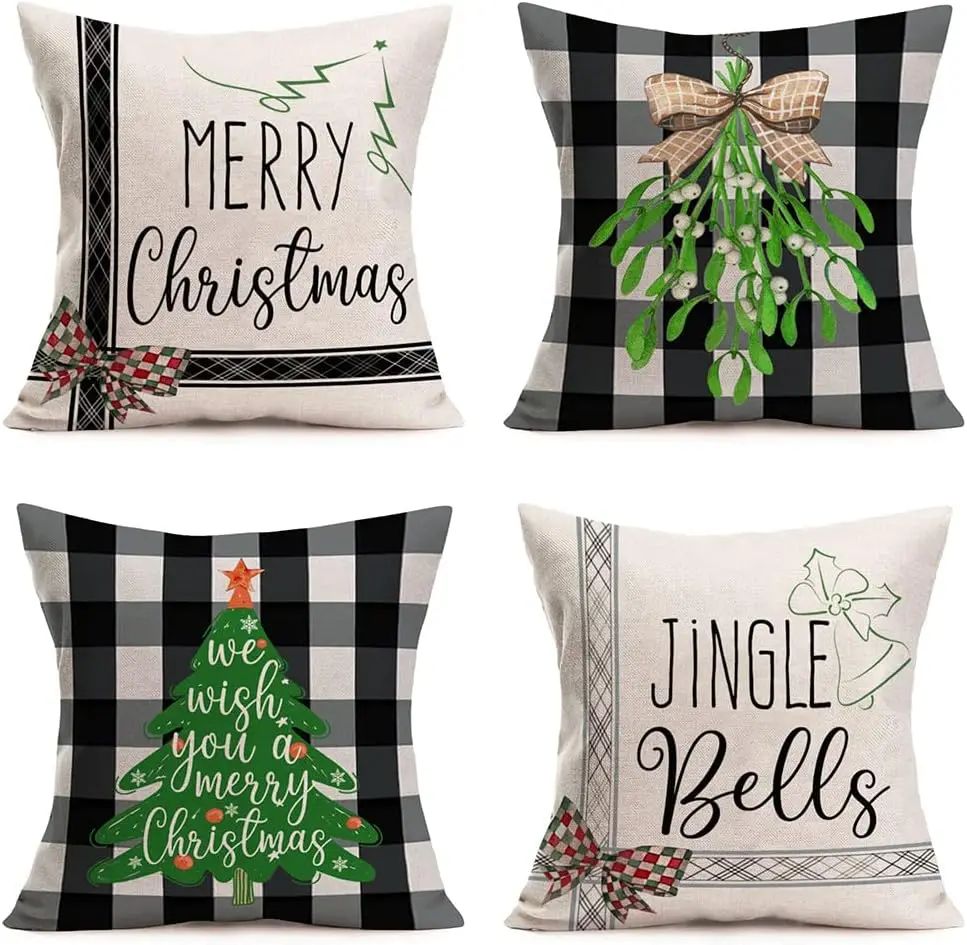 Merry Christmas Plaid Pillow Cover Jingle Garland Bow Pillowcase Winter Home Sofa Cushion Cover 45x45 pillow case