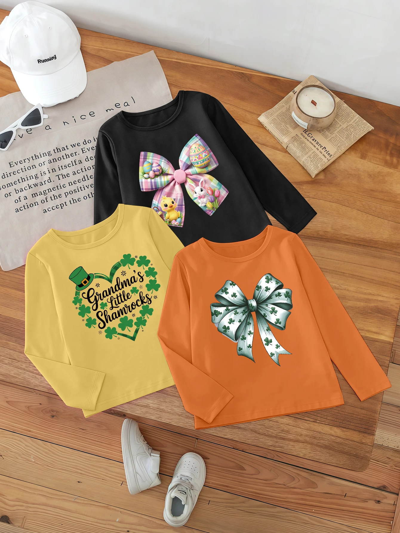 

Три шт., мультяшный бант, принт с сердечками, милая повседневная базовая рубашка для девочек