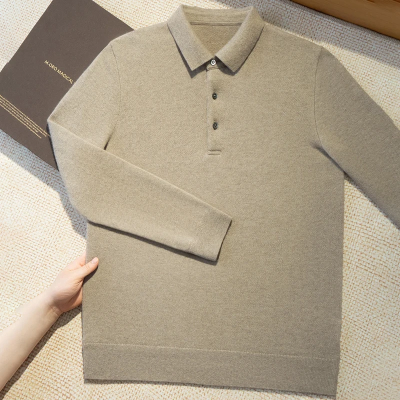

New Men's 100% Cashmere Sweater POLO Collar Long Sleeve Pullovers Casual Youth Base Spring Autumn Men Knitwear Clothing Shirt