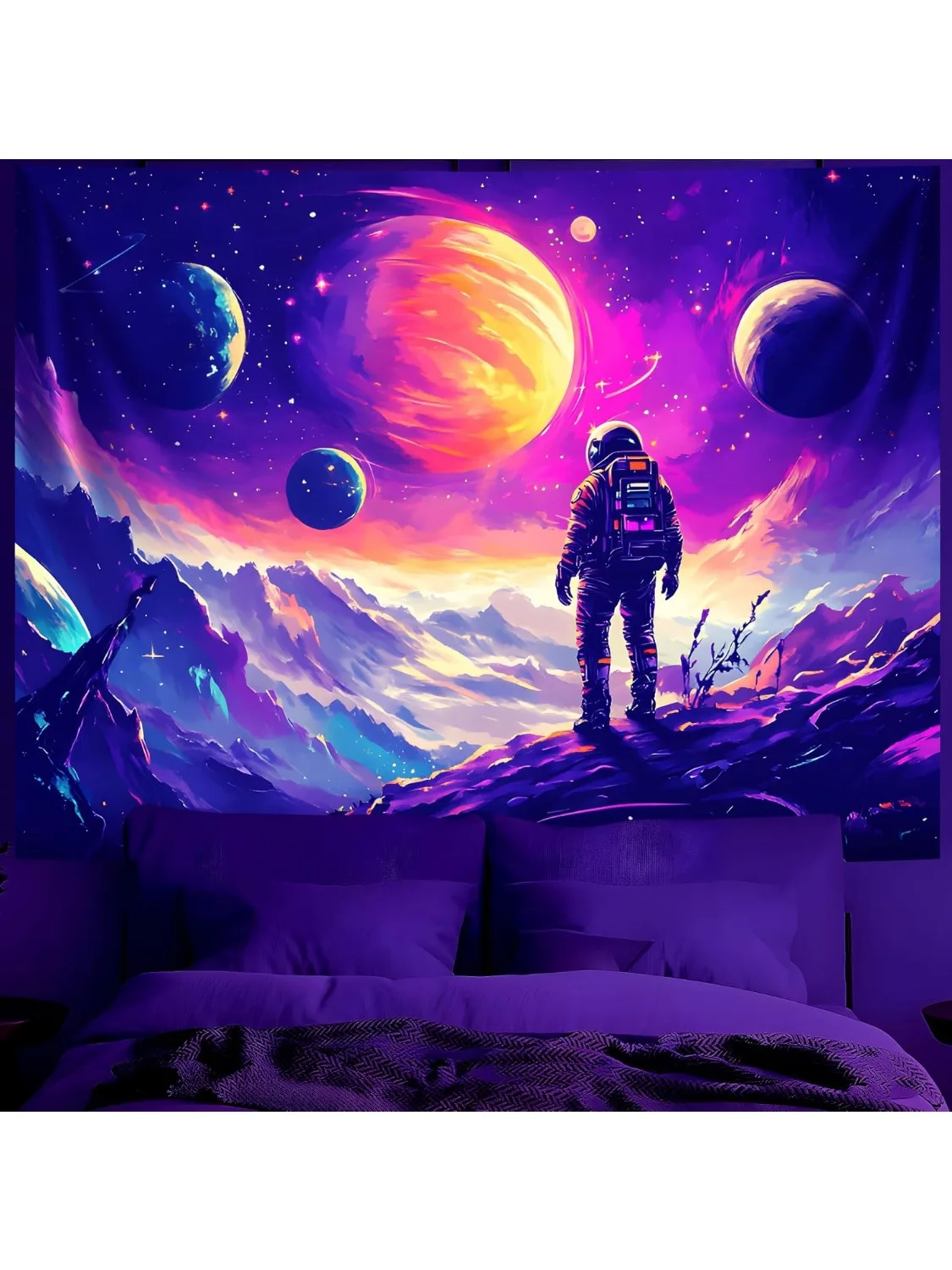 Tapisserie à lumière noire d'astronaute, univers d'astronaute réactif aux UV, galaxie planète, tapisserie qui brille dans la nuit, néon à la lumière noire