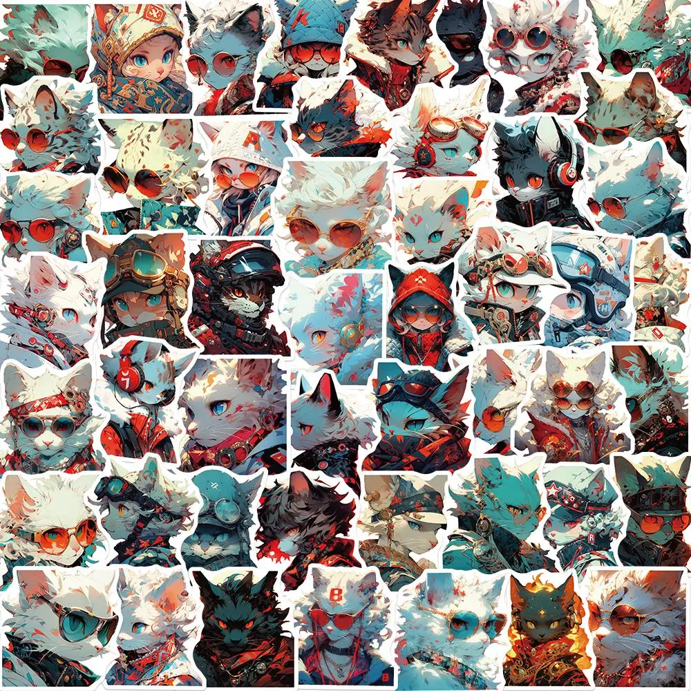 10/25/50PCS Cool Handsome Motorcycle Style Cat Sticker Waterproof PVC Cartoon Decoration Luggage Laptop Helmet Kid Gift Toy