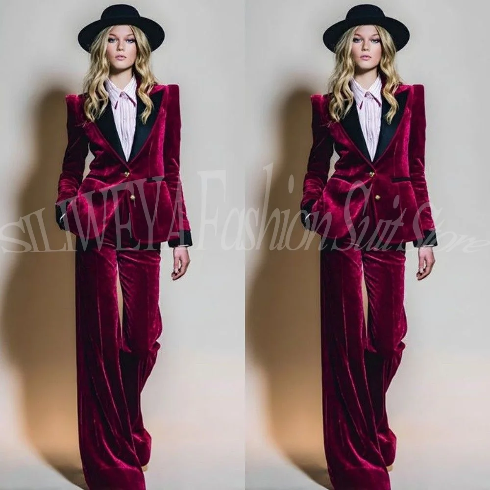 Elegant Velvet Women Pants Suits 2 Pieces Peak Lapel Blazer Single Breasted Customized Formal Business Office Meeting Outfit