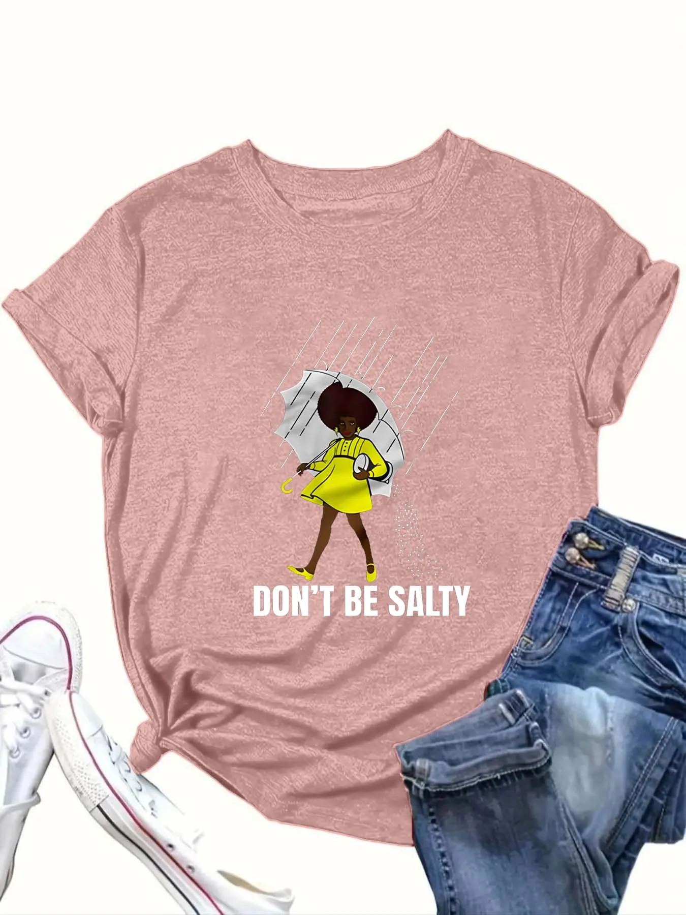 

Plus - Size Women's Short - Sleeve T - shirt, “Don't Be Salty” Cartoon Lady Print, Fun & Comfortable