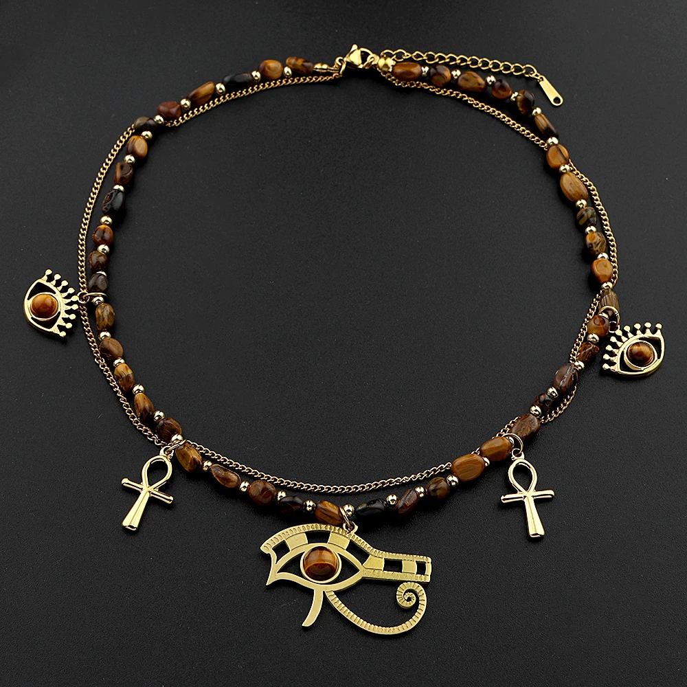 Boho Irregular Tiger Eye Stone Ankh Cross Eye of Horus Evil Eye Stainless Steel Double-layer Choker Necklace Gold Color Jewelry