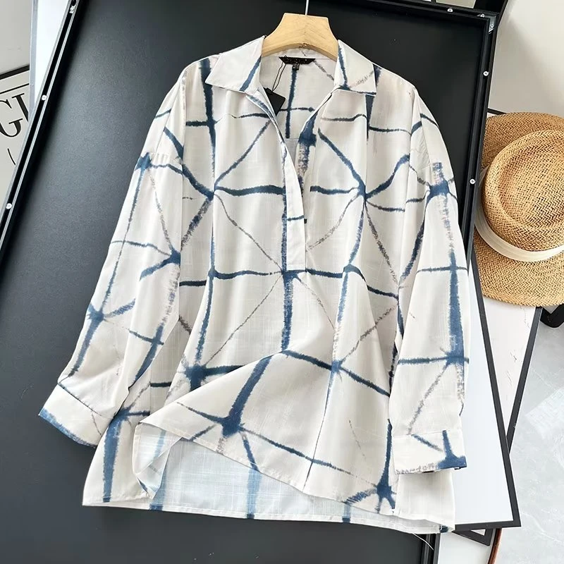 

Dave&Di French Vintage Fashion Elegant Linen Print Shirt Office Geometric Ladies Casual Blouse Women Tops