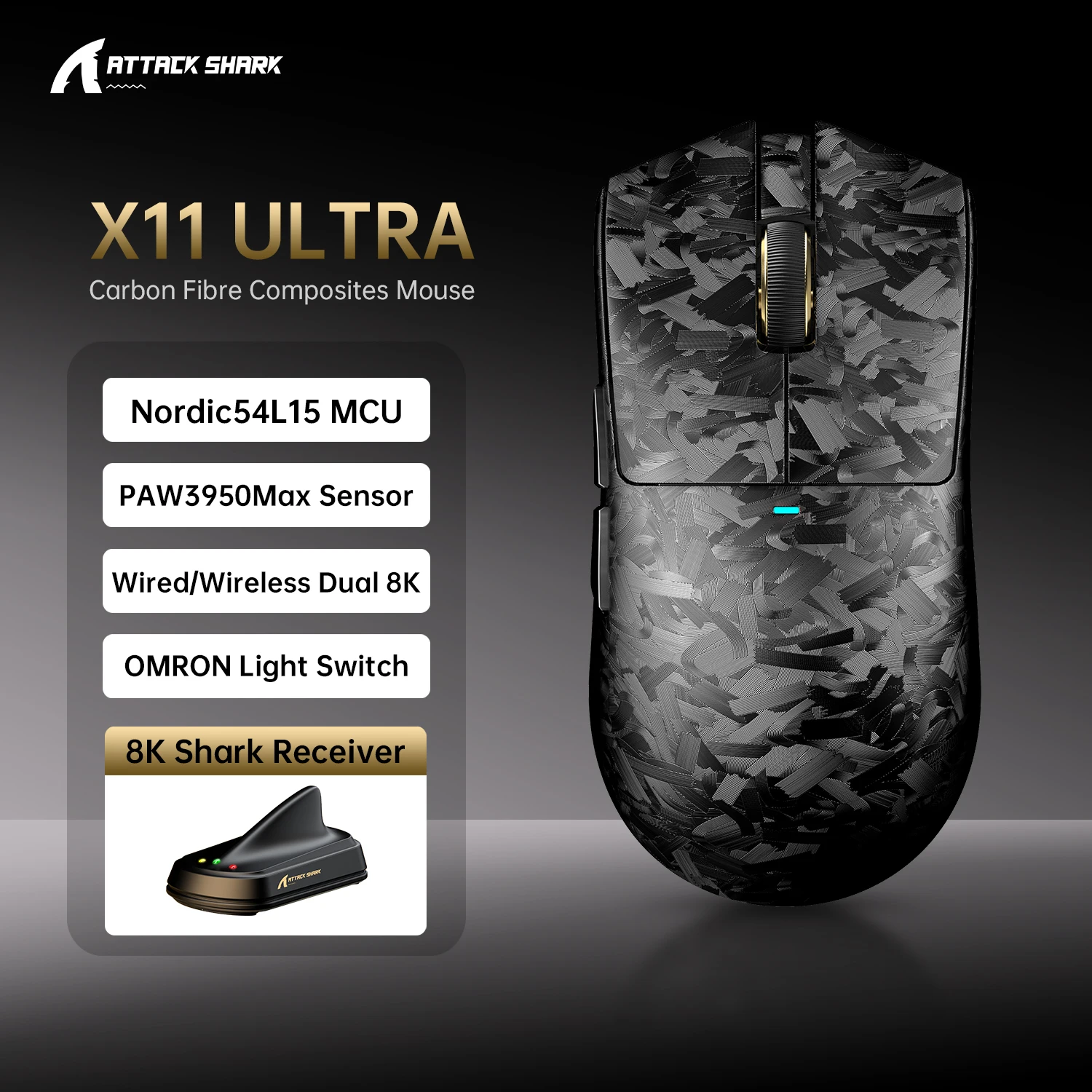 ATTACK SHARK X11 ULTRA8K Gaming Wireless  Mouse,  PAW3950MAX Nano-Metal Ice Coating,59g SUPERLIGHT,Carbon FiberWired/2.4G/BT