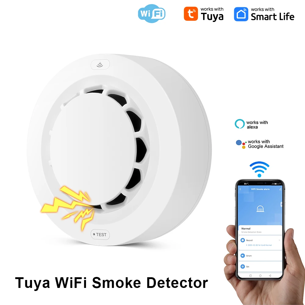 Tuya WiFi Smoke Alarm Fire Protection Smoke Detector 80dB Smokehouse Combination Fire Alarm Home Security System Firefighters