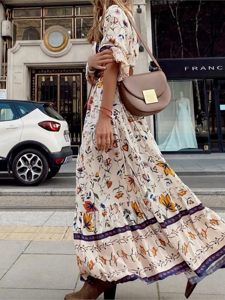 Women\'s New Autumn Winter Fashion Print Bohemian Long Dress Sexy V-neck Seven Quarter Sleeve Casual Comfortable Loose Dress