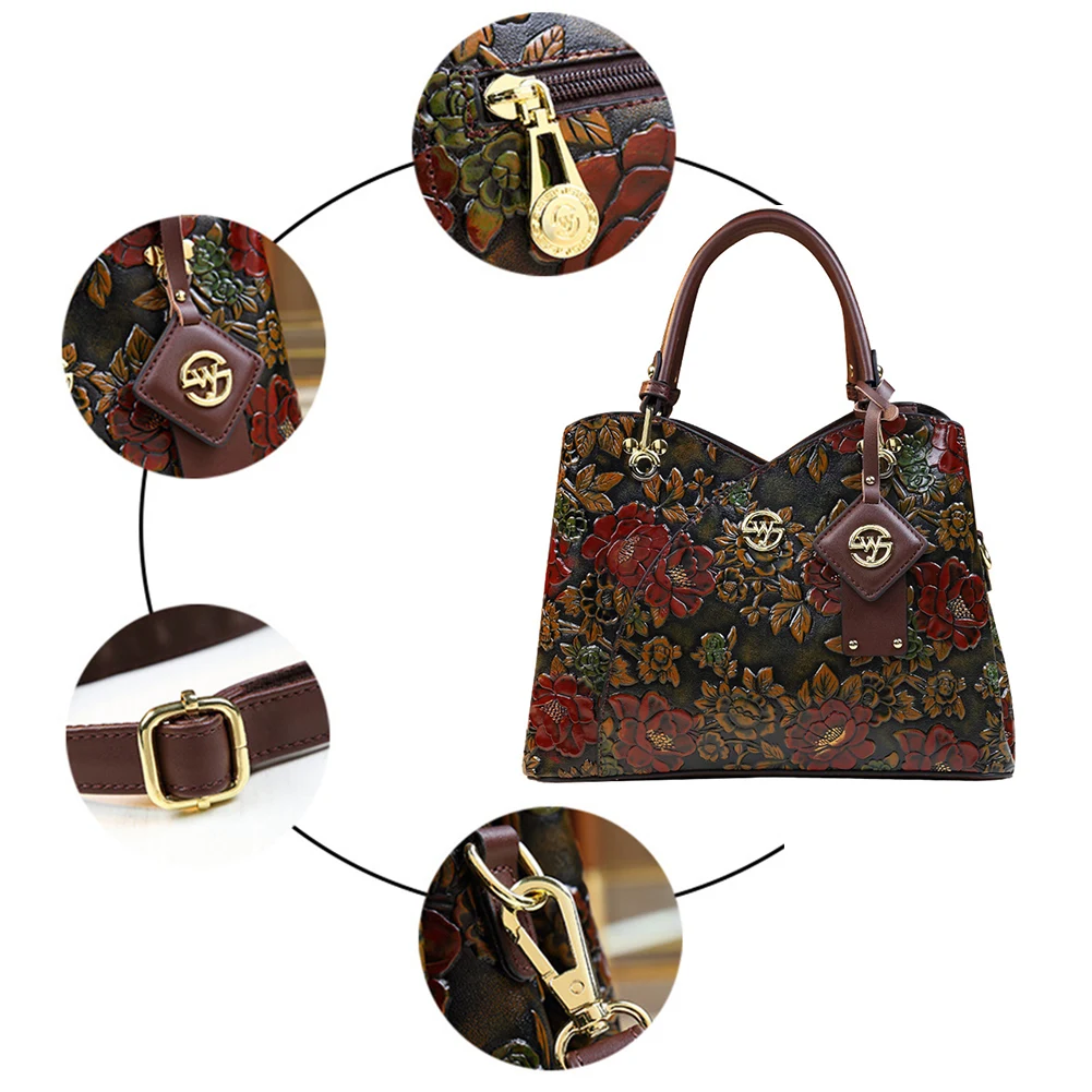 

Женская кожаная сумка с цветочным принтом для мамы среднего возраста, модная сумка через плечо на молнии, большая вместительная резная сумка в стиле ретро, сумка-саквояж