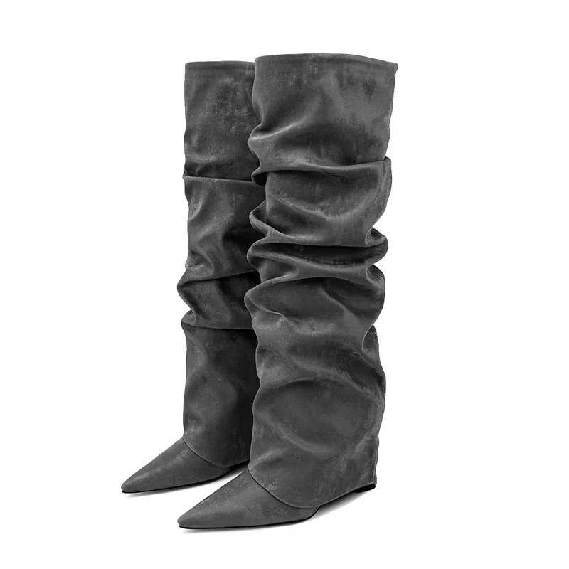 2023 Women\'s Fashion Wedge Heel Pleated Print Knee Long Boots European and American Banquet Boots Women\'s Large Boots