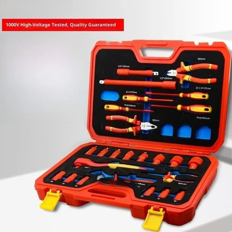 25PCS VDE 1000V IEC 60900 Certified Cr-V Insulated Ratchet Sockets Pliers Screwdriver Set Tool Kit WH07325